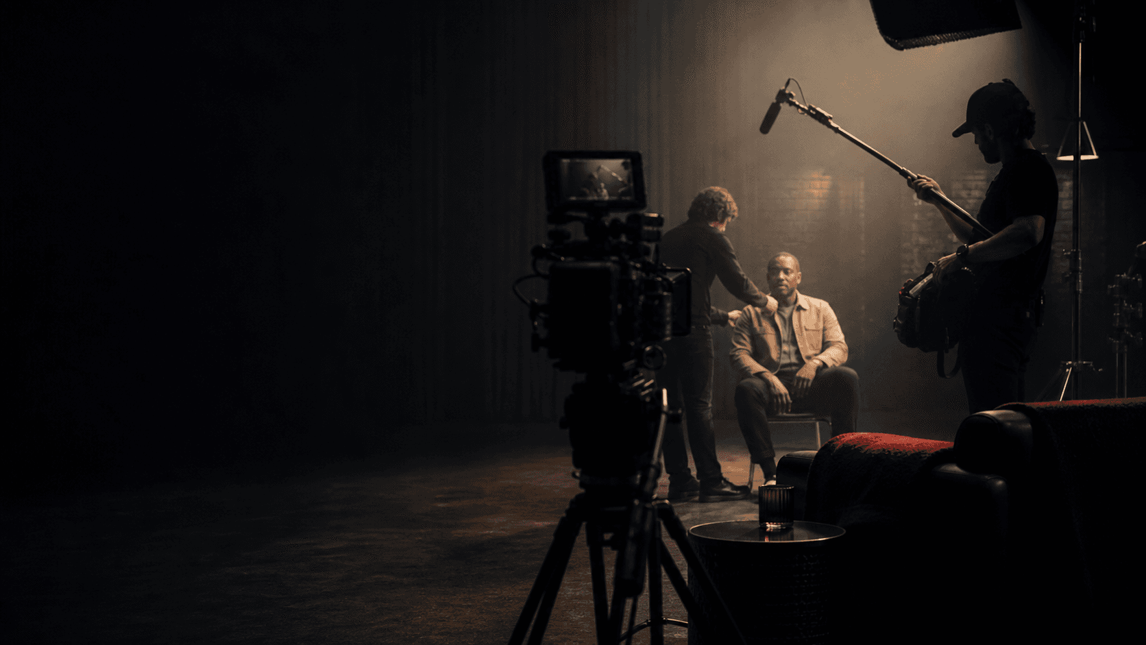 Cinematic production crew setting up a film shoot